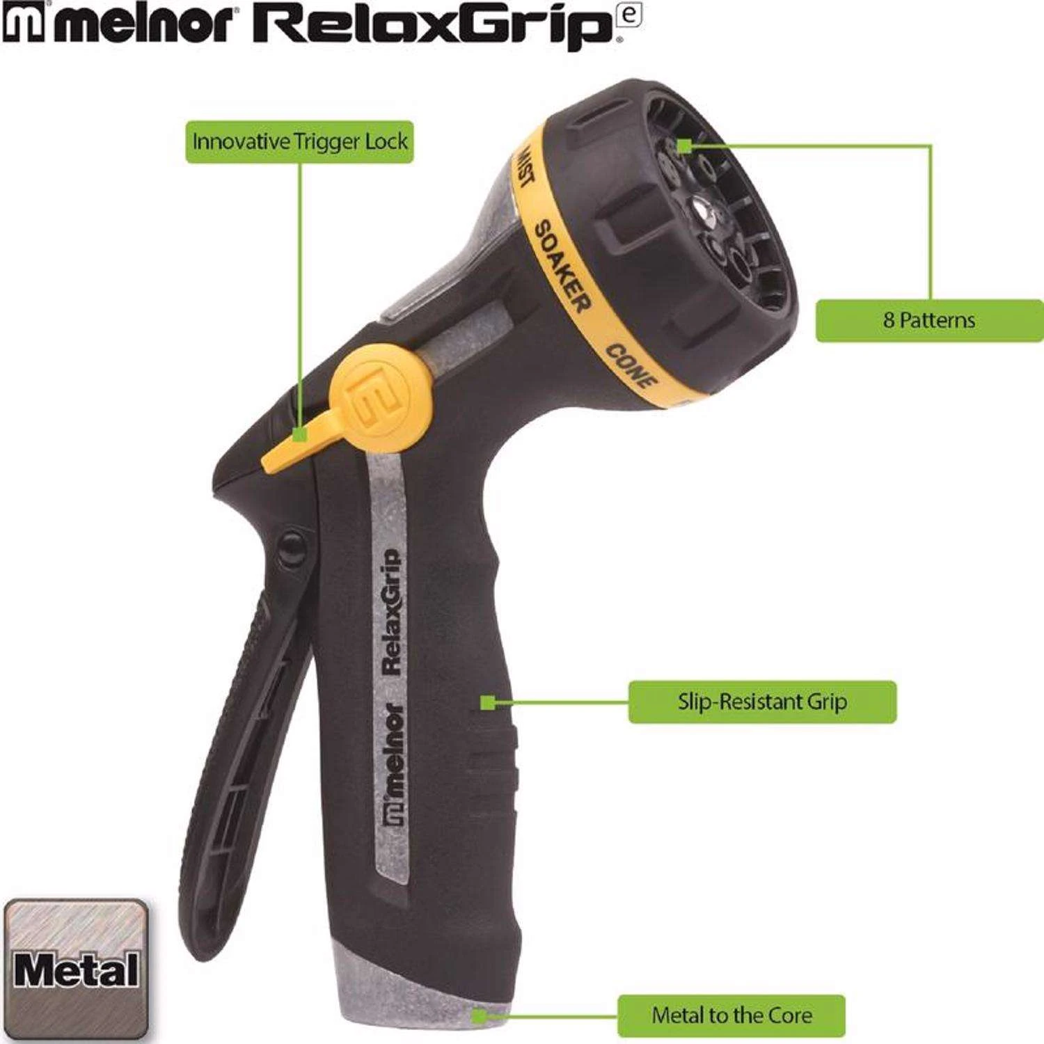 Melnor RelaxGrip 8 Pattern Adjustable Multi-Pattern Metal Hose Nozzle 4 Melnor RelaxGrip 8 Pattern Adjustable Multi-Pattern Metal Hose Nozzle - Image 2