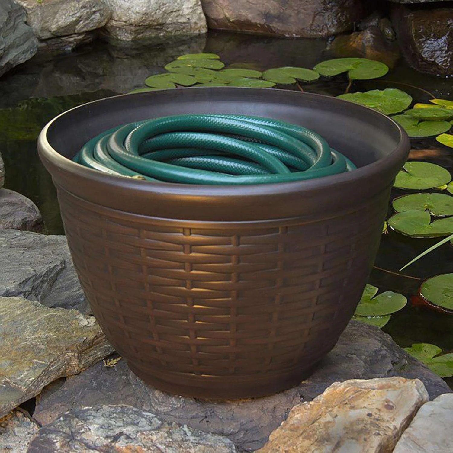 Liberty Garden Wicker 100 Ft. Bronze Free Standing Hose Pot 4 Liberty Garden Wicker 100 Ft. Bronze Free Standing Hose Pot - Image 2