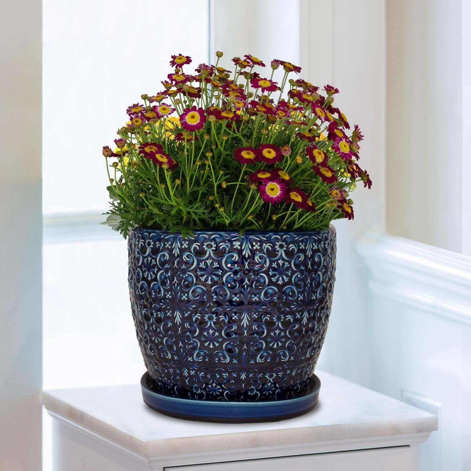 Trendspot Mediterranean 10.16 In. H X 11.9 In. W X 11.9 In. D X 12 In. D Ceramic Planter Blue 5 Trendspot Mediterranean 10.16 In. H X 11.9 In. W X 11.9 In. D X 12 In. D Ceramic Planter Blue - Image 3